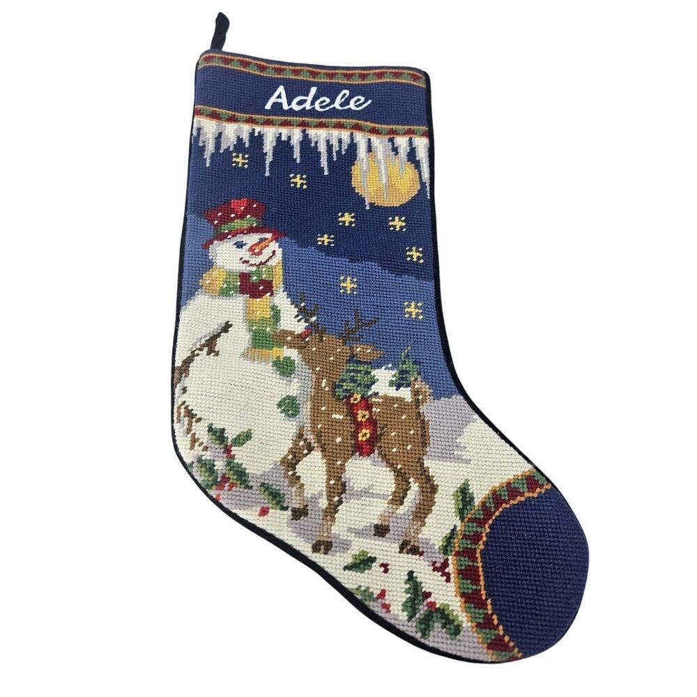 Vintage Needlepoint Christmas Stocking Snowman Reindeer Adele Traditional
